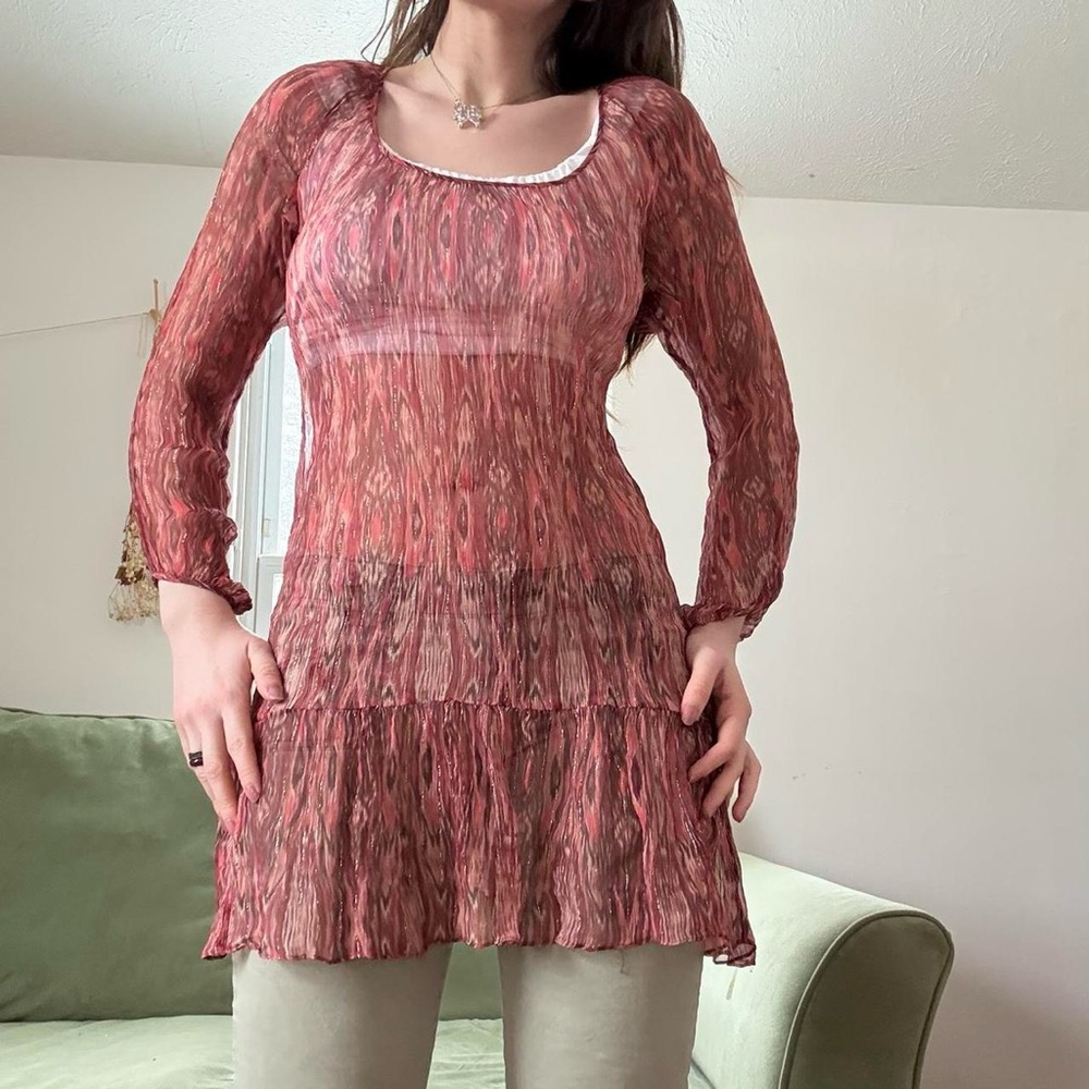Ella Moss Silk Marbled Shimmery Rose Long-Sleeve Tiered Tunic Dress Boho